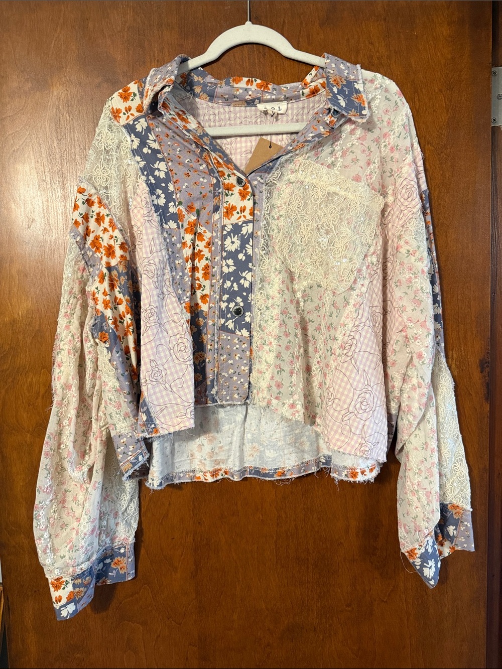 POL Mixed Floral Patchwork Blouse in Lavender, Orange & Cream